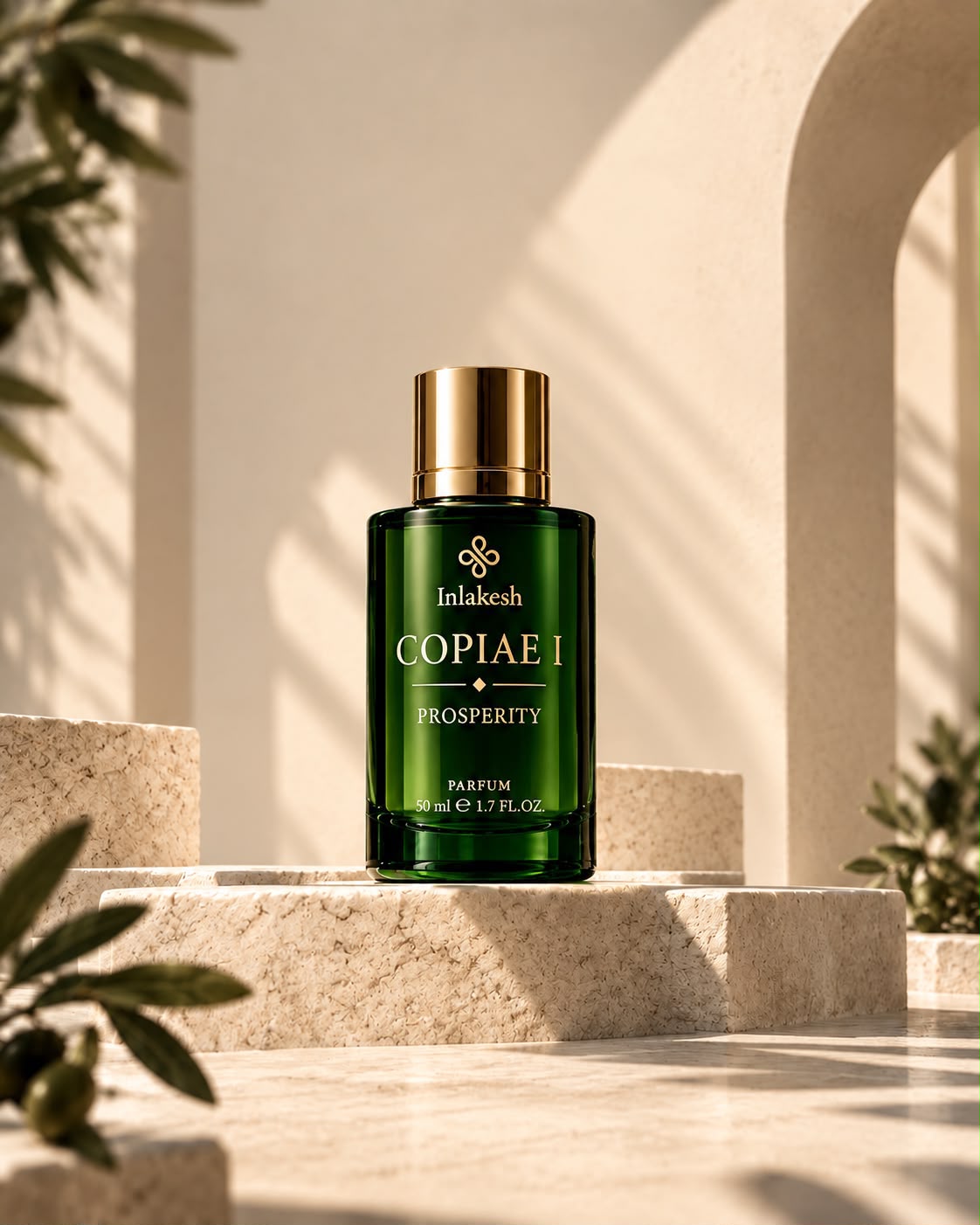 Flacon vert Copiae I – Prosperity 50 ml d'Inlakesh, bouchon doré, posé sur une marche en pierre au soleil