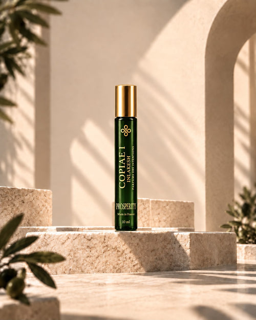 Roll-on vert Copiae I – Prosperity 10 ml d'Inlakesh, capuchon doré, posé sur une marche en pierre au soleil