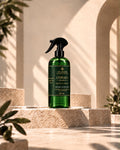 Vaporisateur vert de brume parfumée Copiae I – Prosperity 250 ml d'Inlakesh, posé sur une marche en pierre au soleil