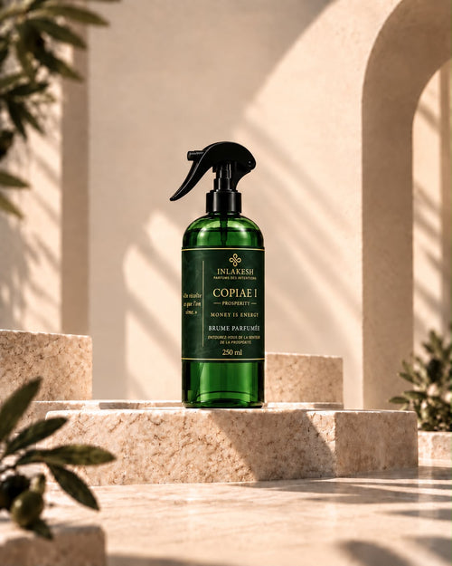 Vaporisateur vert de brume parfumée Copiae I – Prosperity 250 ml d'Inlakesh, posé sur une marche en pierre au soleil