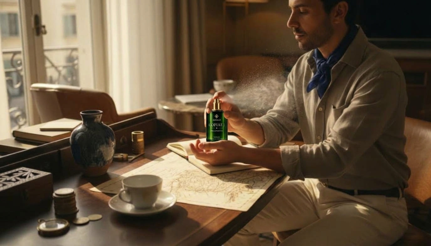 Homme vaporisant l'extrait de parfum mixte Copiae I – Prosperity à son bureau, rituel d'intention du matin